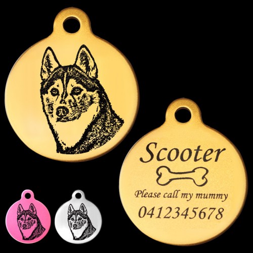 Siberian Husky Engraved 31mm Large Round Pet Dog ID Tag